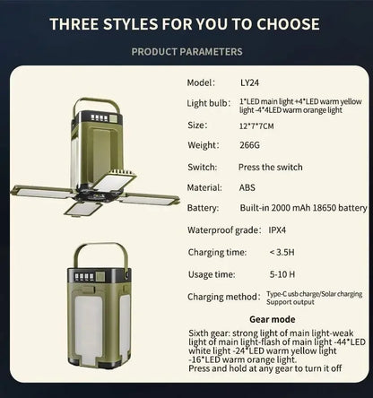 Solar Camping Lantern 15W LED Rechargeable Flashlight Magnetic Floodlight Portable Tent Lamp for Fishing Outdoor Light