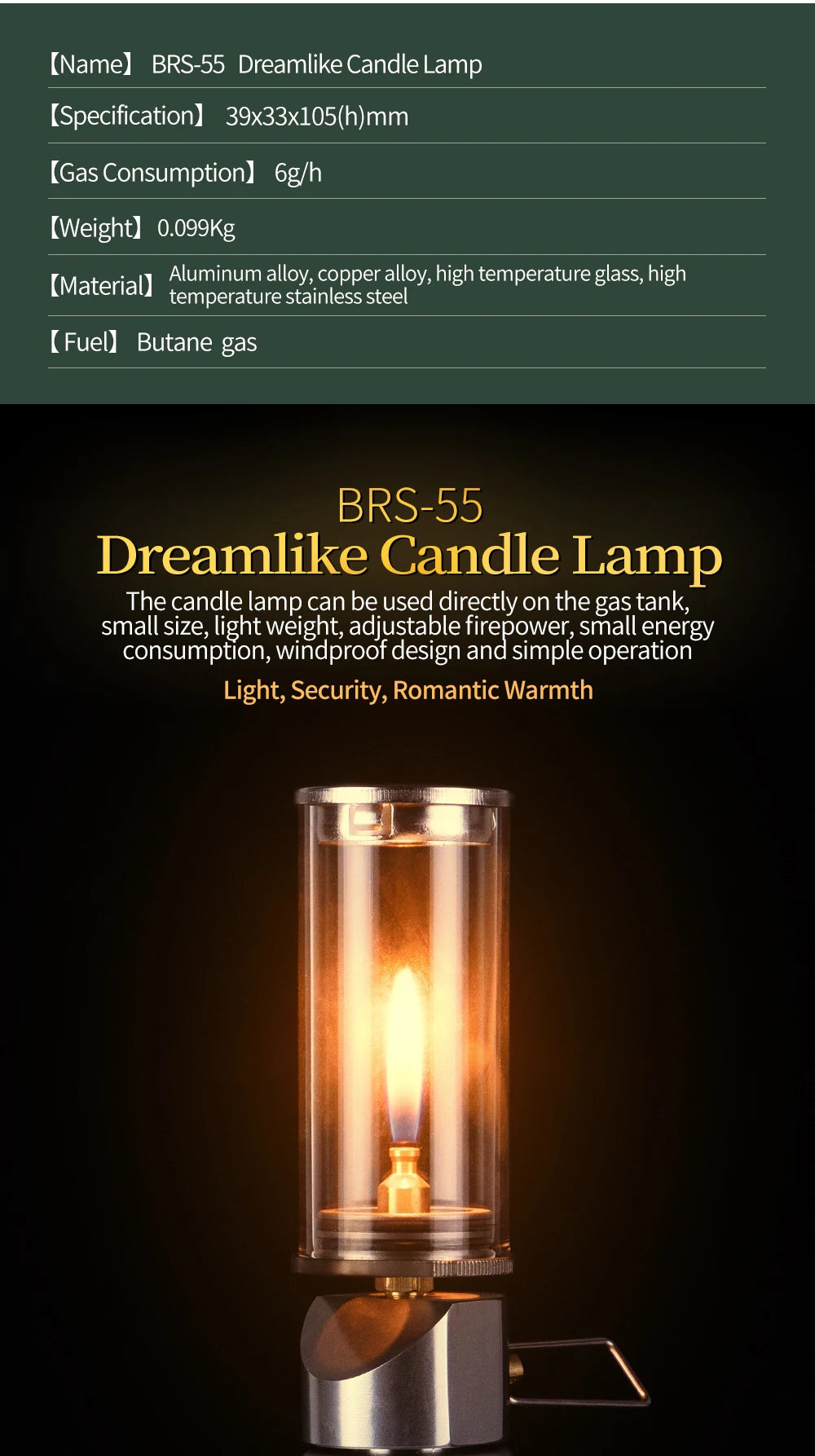 BRS-55 Dreamlike Candlelight Lamp Windproof Candle Light Gas Burner Stove Outdoor Camping Lights Tent Lighting Equipment