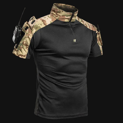 Men's Tactical Combat Shirt Short Sleeve 1/4 Zip Breathable Quick Dry Camo for Airsoft