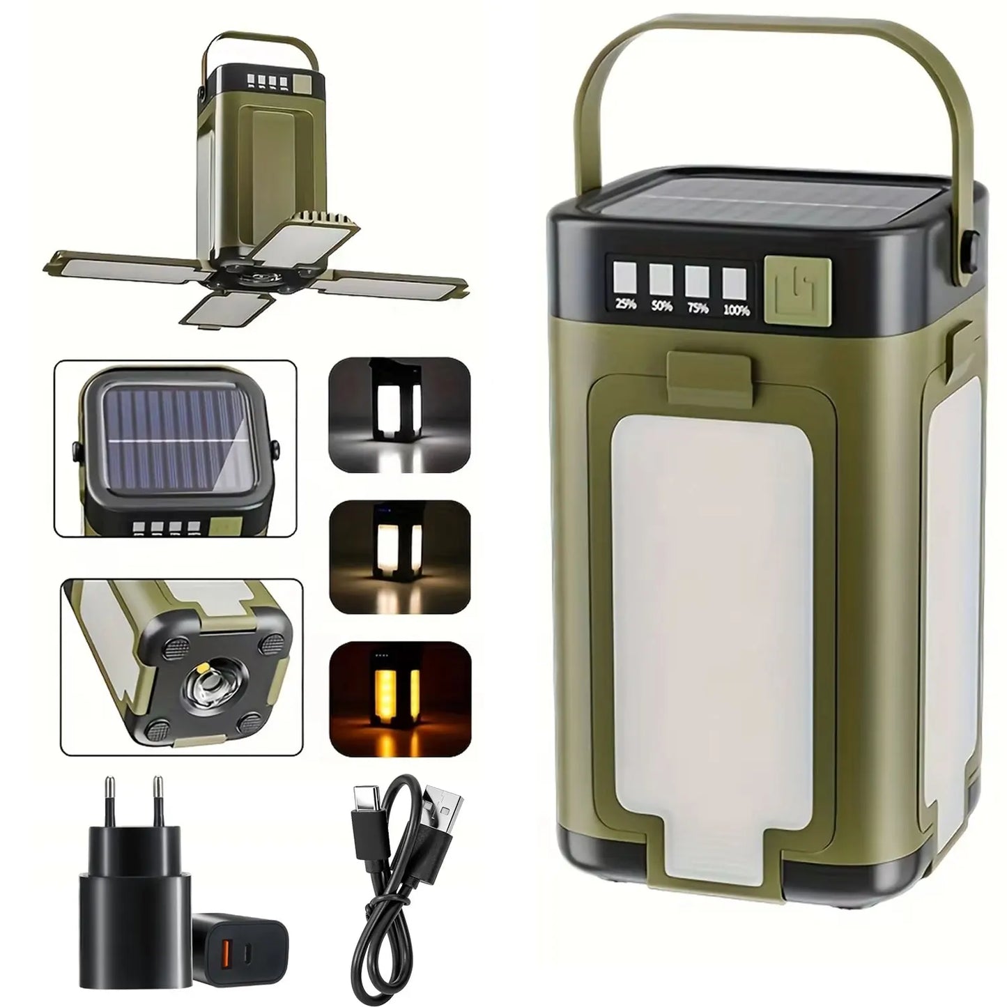 Solar Camping Lantern 15W LED Rechargeable Flashlight Magnetic Floodlight Portable Tent Lamp for Fishing Outdoor Light