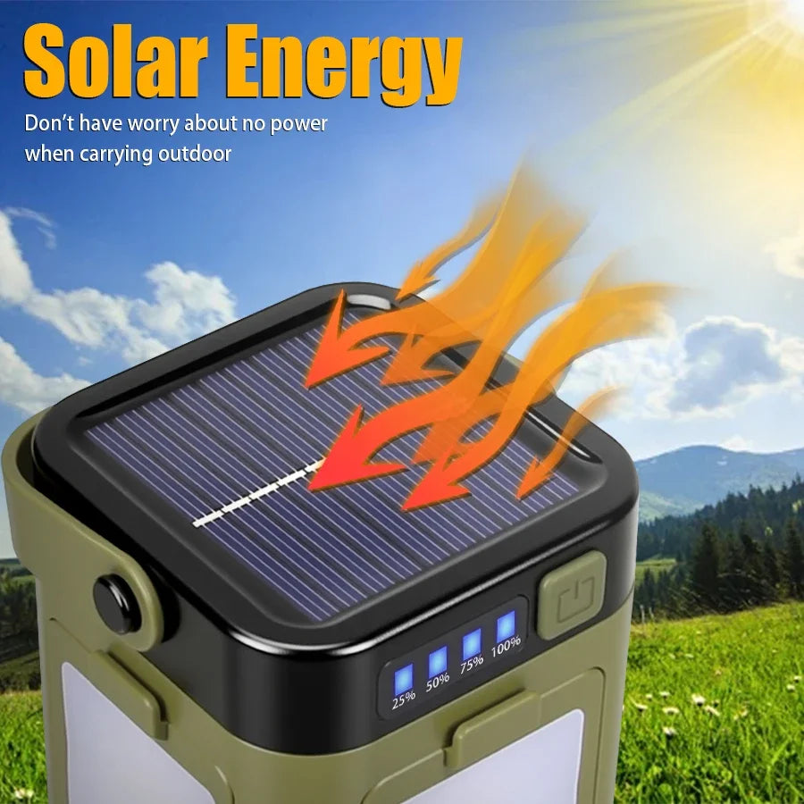 Solar Camping Lantern 15W LED Rechargeable Flashlight Magnetic Floodlight Portable Tent Lamp for Fishing Outdoor Light