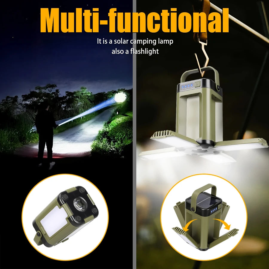 Solar Camping Lantern 15W LED Rechargeable Flashlight Magnetic Floodlight Portable Tent Lamp for Fishing Outdoor Light