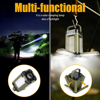 Solar Camping Lantern 15W LED Rechargeable Flashlight Magnetic Floodlight Portable Tent Lamp for Fishing Outdoor Light