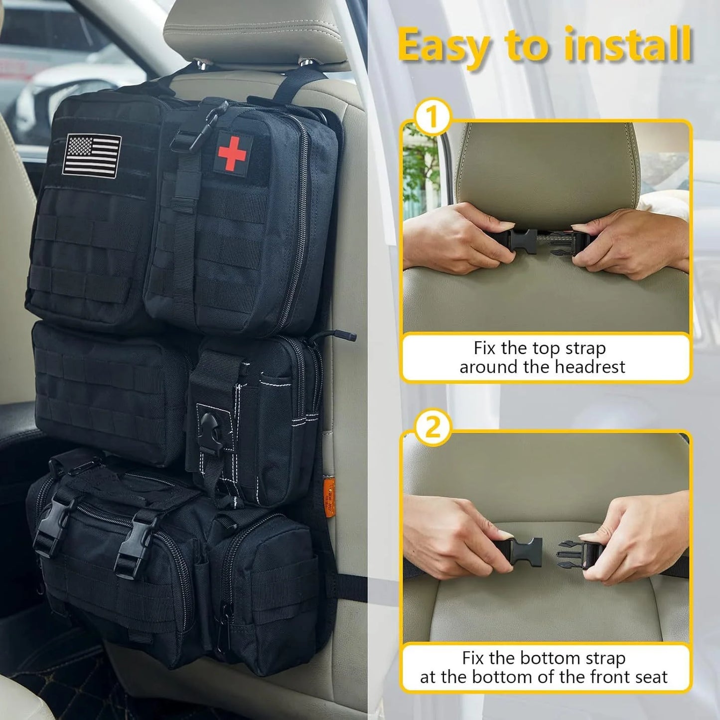 Tactical Car Seat Back Organizer 5 Detachable Molle Pouches