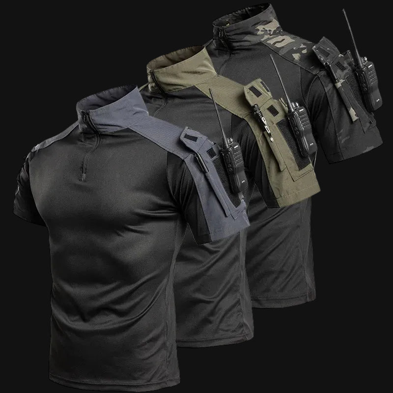 Men's Tactical Combat Shirt Short Sleeve 1/4 Zip Breathable Quick Dry Camo for Airsoft