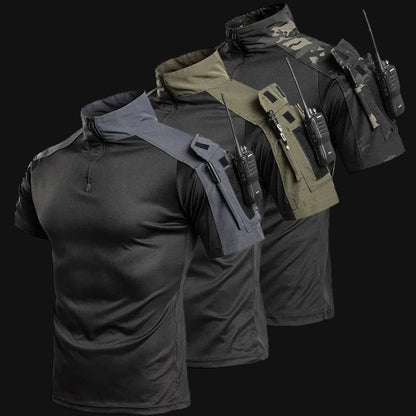 Men's Tactical Combat Shirt Short Sleeve 1/4 Zip Breathable Quick Dry Camo for Airsoft